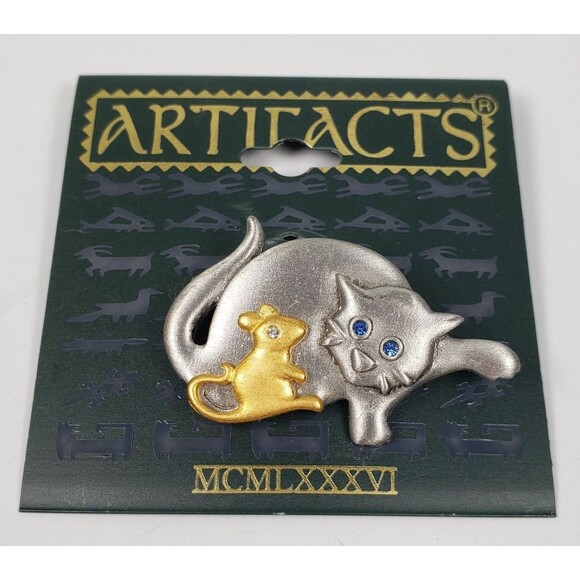 Vintage 1986 JJ Jonette Silver Tone Staring Blue Eye Cat Mouse Artifacts Brooch - Picture 3 of 4